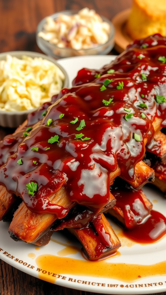 Oven-baked barbecue ribs glistening with sauce, served with coleslaw and cornbread on rustic table.
